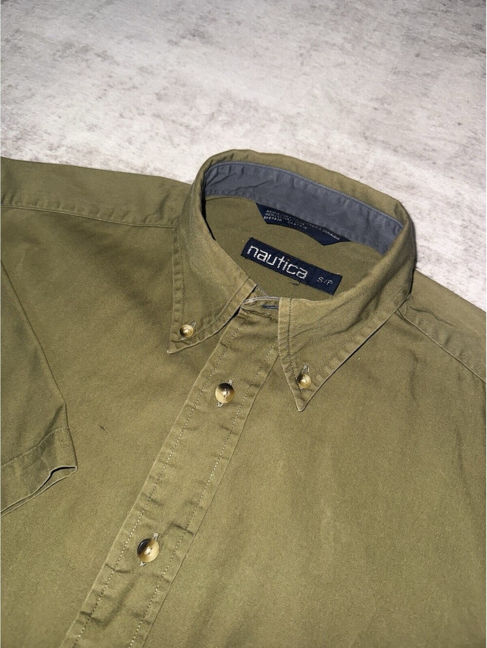 Vintage Nautica Shirt Mens Small S/P Olive Green Short Sleeve Button Down